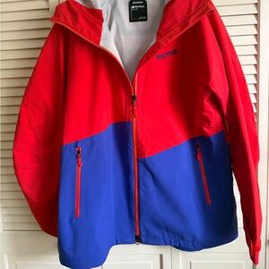 Marmot Precip Red and Blue color block jacket.
